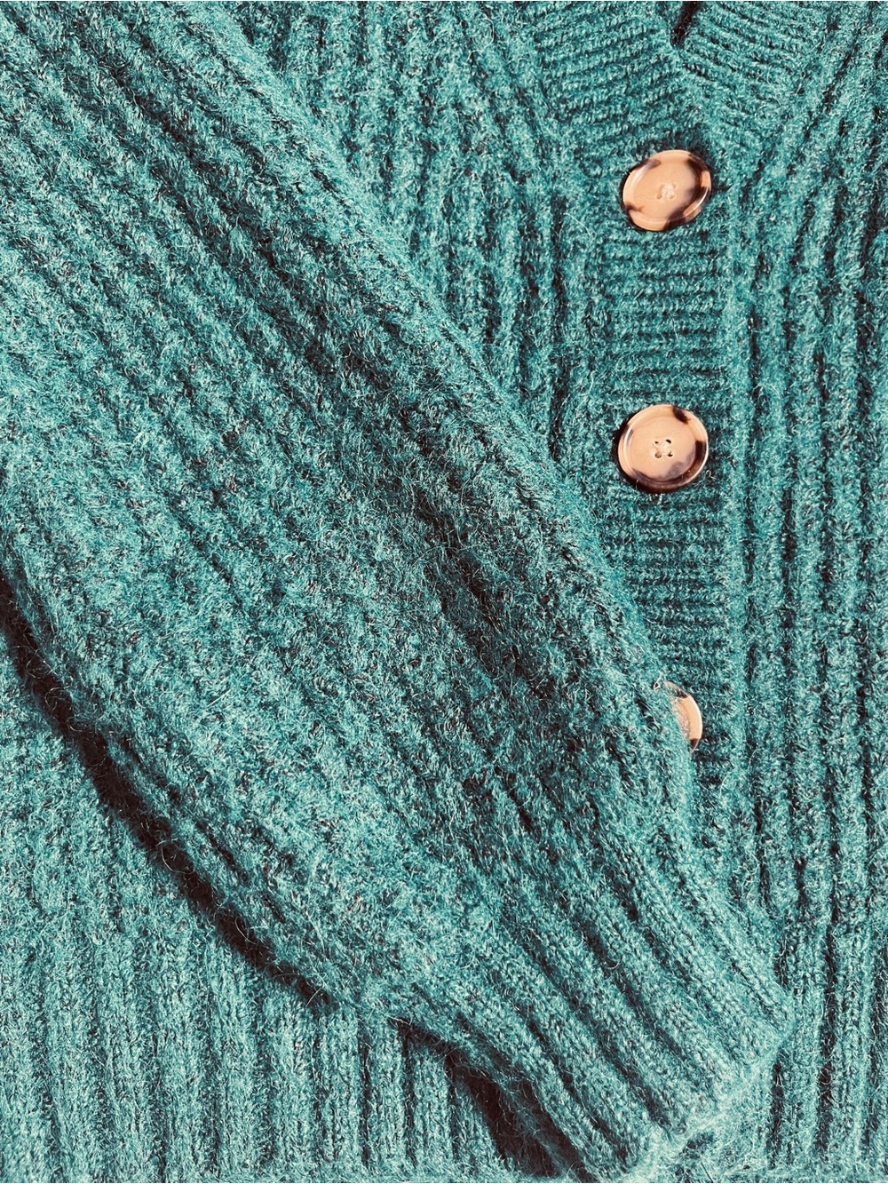 Textured Knit V-Neck Cardigan Wool Blend Deep Green LOFT Small Preppy * - Picture 7 of 9